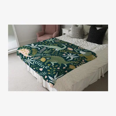 The Range Hand Drawn Dinosaurs and Tropical Leaves and Flowers Designer Blanket - Green
