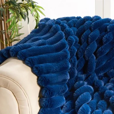The Range OHS Jumbo Faux Fur Ribbed Throw - Navy