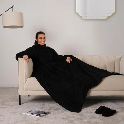 The Range OHS Teddy Fleece Blanket with Sleeves Wearable Wrap Throw - Black