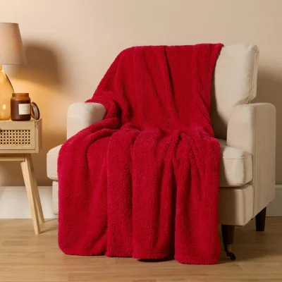 The Range Soft Plain Teddy Fleece Throw - Red / 200cm