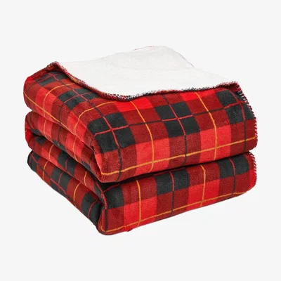 The Range Check Tartan Sherpa Fleece Throw Blanket 150 x 180cm - Red