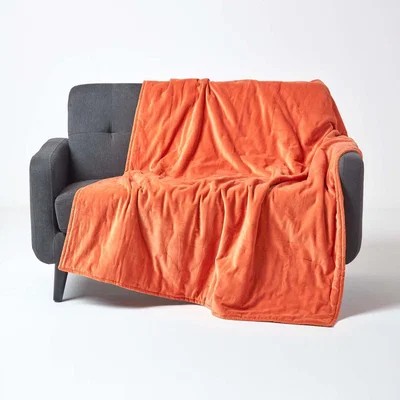 The Range Homescapes Velvet Quilted Throw with Stitch - Burnt Orange / 150cm