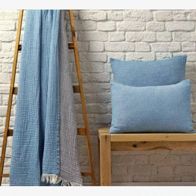 Sazy Ruth Textured 100% Cotton Throw Set, Blue, 150x200 cm