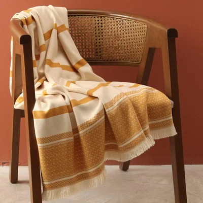 Sazy Mediterranean Border Striped Soft Throw, Mustard, 140x190 cm
