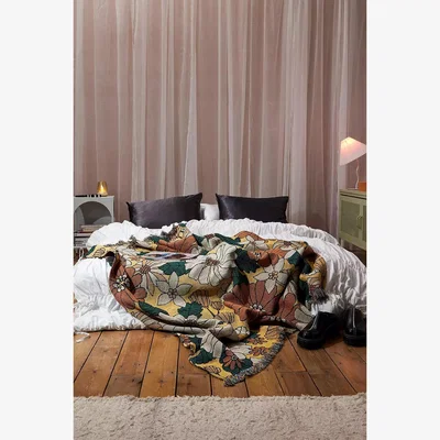 Urban Outfitters Retro Floral Art Throw - Light Yellow ALL at Urban Outfitters