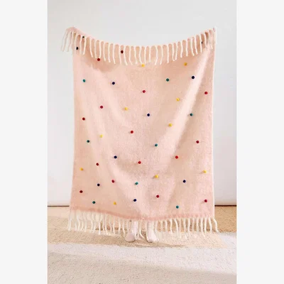 Urban Outfitters Pink Pom-Pom Cosy Throw - Pink 127cm x 152cm at Urban Outfitters