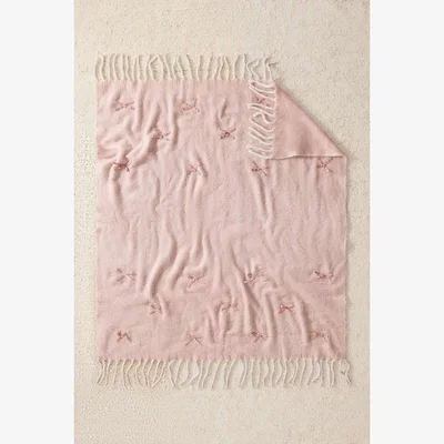 Urban Outfitters Cosy Velvet Bow Throw - Pink ALL at Urban Outfitters