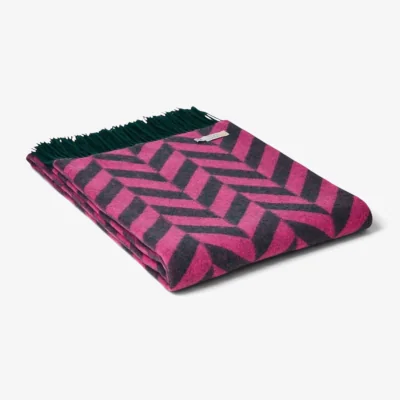 Wolf & Badger 100% Lambswool Chunky Herringbone Blanket - Emerald & Pink | One Size | Loom & Cove