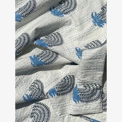 Wolf & Badger White / Black / Blue Kanthawork Cotton Throw - White | Large | Thread Again