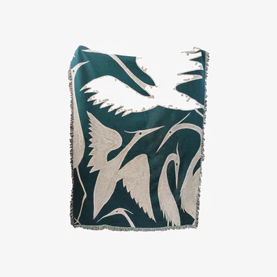 Wolf & Badger Green / Blue / White Teal Heron Woven Throw One Size Rosanna Corfe