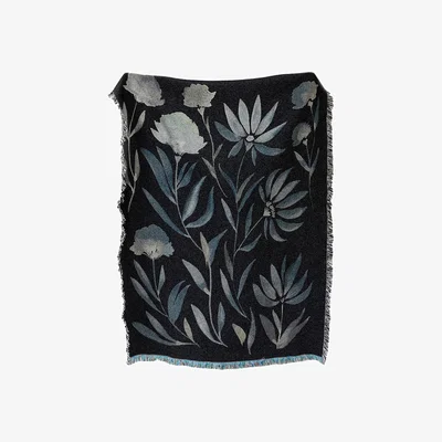 Wolf & Badger Green / Black Bloom Dark Mint Green Recycled Cotton Woven Throw One Size Rosanna Corfe