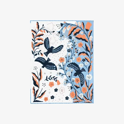 Wolf & Badger Blue / Brown / White Merino Wool Blue Birds Throw Blanket Jessie Zhao New York
