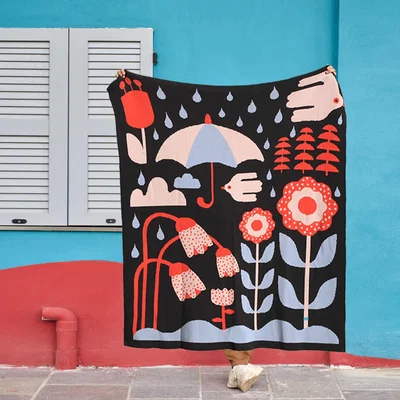 Wolf & Badger Black / Red / Blue Merino Wool Night Garden Throw Blanket Jessie Zhao New York