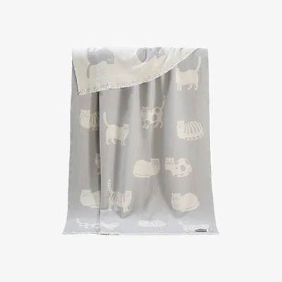 Wolf & Badger Light Grey Cat Pure Cotton Throw | J.j.textile