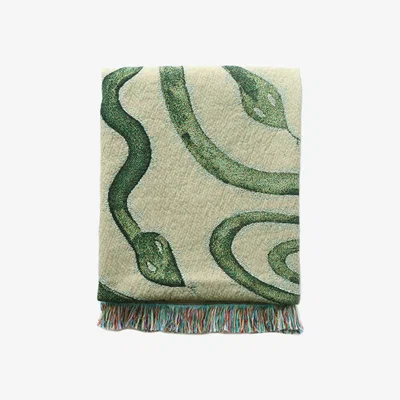 Wolf & Badger White / Green / Neutrals Snakes Woven Throw - Green, Neutrals, White One Size Rosanna Corfe