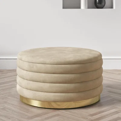 Furniture123 Round Storage Pouffe Upholstered in Beige Velvet - Astrid
