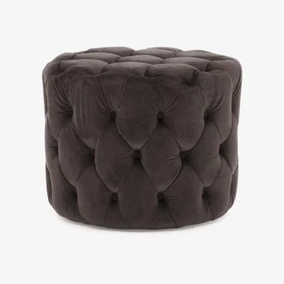 Furniture123 Round Tufted Velvet Dressing Table Pouf in Misty Grey