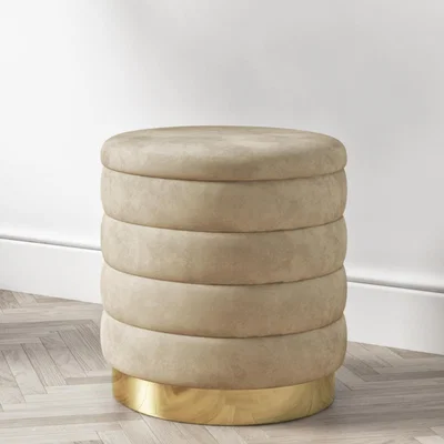 Furniture123 Small Round Pouffe Stool Upholstered in Beige Velvet - Astrid