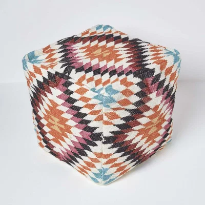 The Range Manila Orange Pink Kilim Footstool Handwoven Beanbag Pouffe - Pink, orange, blue, white and black