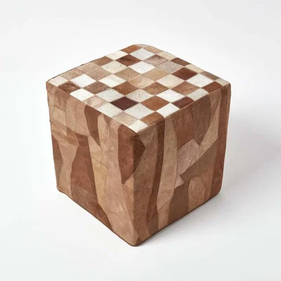 The Range Brown Patchwork Check Cube Pouffe Leather and Suede - Brown