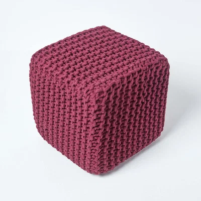 The Range Cotton Knitted Pouffe Cube - Plum
