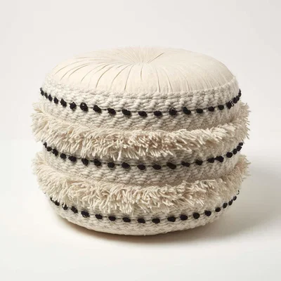 The Range Sahara Cream Black Macrame Tufted Boho Pouffe - Natural