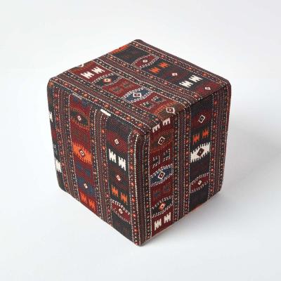 The Range Multicolour Kilim Print Cotton Cube Pouffe - Multi Colour