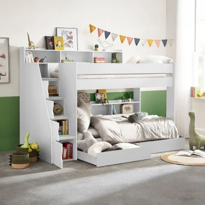 Happy Beds Tuscan - Single - Staircase Bunk Bed - White - Wooden - 3ft - Happy Beds