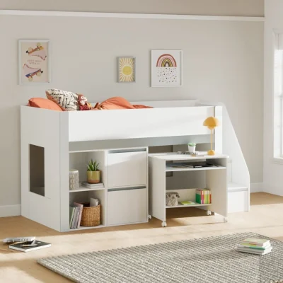 Happy Beds Gaia - Single - Storage Mid Sleeper with Shelving, Drawers and a Pull-Out Desk - White/Silver - Wooden - 3ft