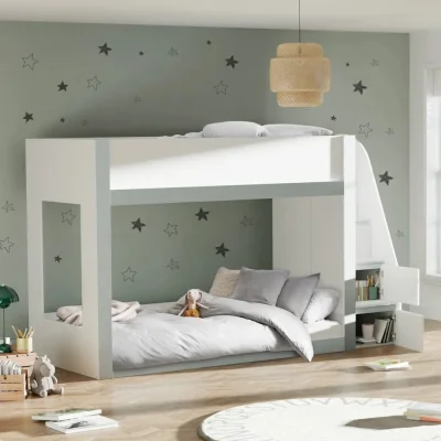 Happy Beds Gaia - Single - Storage Bunk Bed with Cupboards - White/Silver - Wooden - 3ft