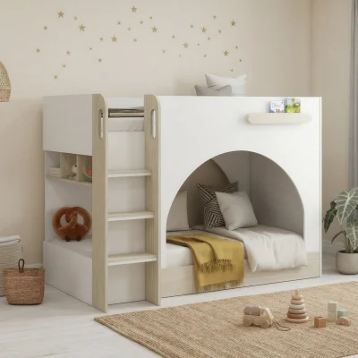 Happy Beds Curve - Single - Storage Bunk Bed with Shelving - White/Oak - Wooden - 3ft