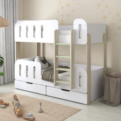 Happy Beds Elisa - Single – Bunk Bed with Underbed Drawers – White/Pale Wood - Particleboard - 3ft