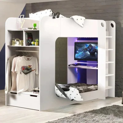 Happy Beds Impact - Single - Gaming Bunk Bed - White - Wood - 3ft - Happy Beds