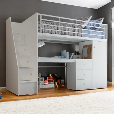 OAT Home Lucas High Sleeper Bed with Desk & Storage, White
