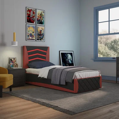 The Range Galaxy Ottoman Storage LED Headboard Gaming Single Bed Frame - Black and Red