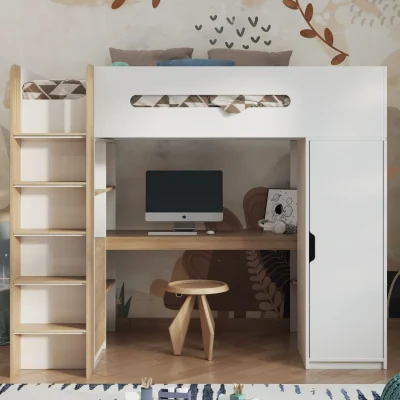 The Range Babyfair High Sleeper All-in-One Loft Bed with Desk, Wardrobe & Storage - White