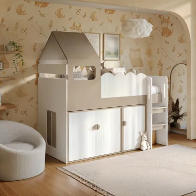 The Range Calista Ribbed House Mid Sleeper Bed with Storage White & Taupe - White