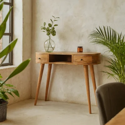 The Range Parma Mango Wood Wave Writing Desk with 2 Drawers and Open Shelf - Brown