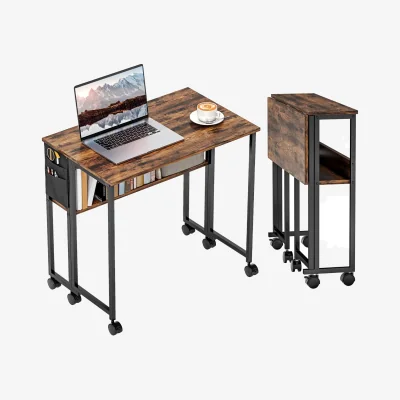 The Range Industrial Drop Leaf Extendable Computer Writing Desk with Wheels - Rustic Brown