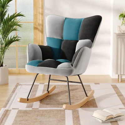 The Range Tufted Upholstered Rocking Chair with Wooden Runner - Black + Grey + Blue
