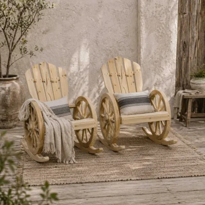 The Range Bamo Set of 2 Natural Fir Wood Rocking Adirondack Chairs with Reclining Back