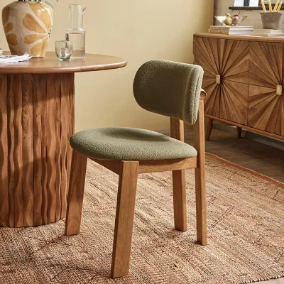Atkin & Thyme Cora Oak Armless Dining Chair in Olive Bouclé