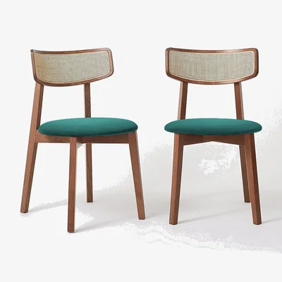 Anthropologie Annie Velvet-Upholstered FSC Wood Cane Dining Chairs, Set of 2