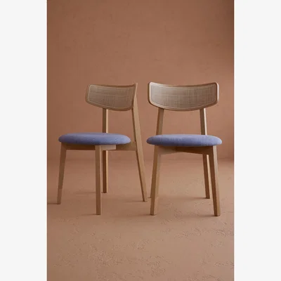 Anthropologie Annie Cotton-Upholstered FSC Wood Cane Dining Chairs, Set of 2