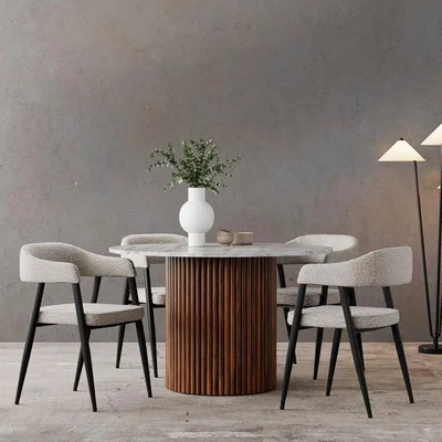 Cult Furniture £100 Off Medby & Presley 4 Chairs Dining Set, Grey Marble & Speckled Stone Sustainable Boucle