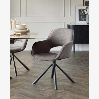 Danetti Marlow Warm Grey Soft Touch Boucle Swivel Black Metal Dining Chair