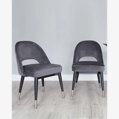Danetti Clover Dark Grey Velvet Dining Chair With Stainless Steel Caps