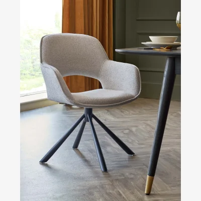 Danetti Marlow Swivel Black Metal Dining Chairs Light Grey Boucle