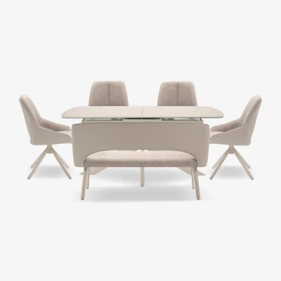 Furniture Village Tino Large Pop-up Extending Dining Table with 4 Swivel Chairs and a High Back Bench in Two Tone Upholstery