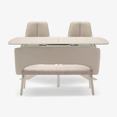 Furniture Village Tino Large Pop-up Extending Dining Table with 2 Swivel Chairs and a High Back Bench in Faux Leather